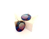 Space Oddity - Silver to Fuschia Pink Ombre atop Indigo Geometric Wood Earrings with Round Radial Pyrography Woodburned Designs