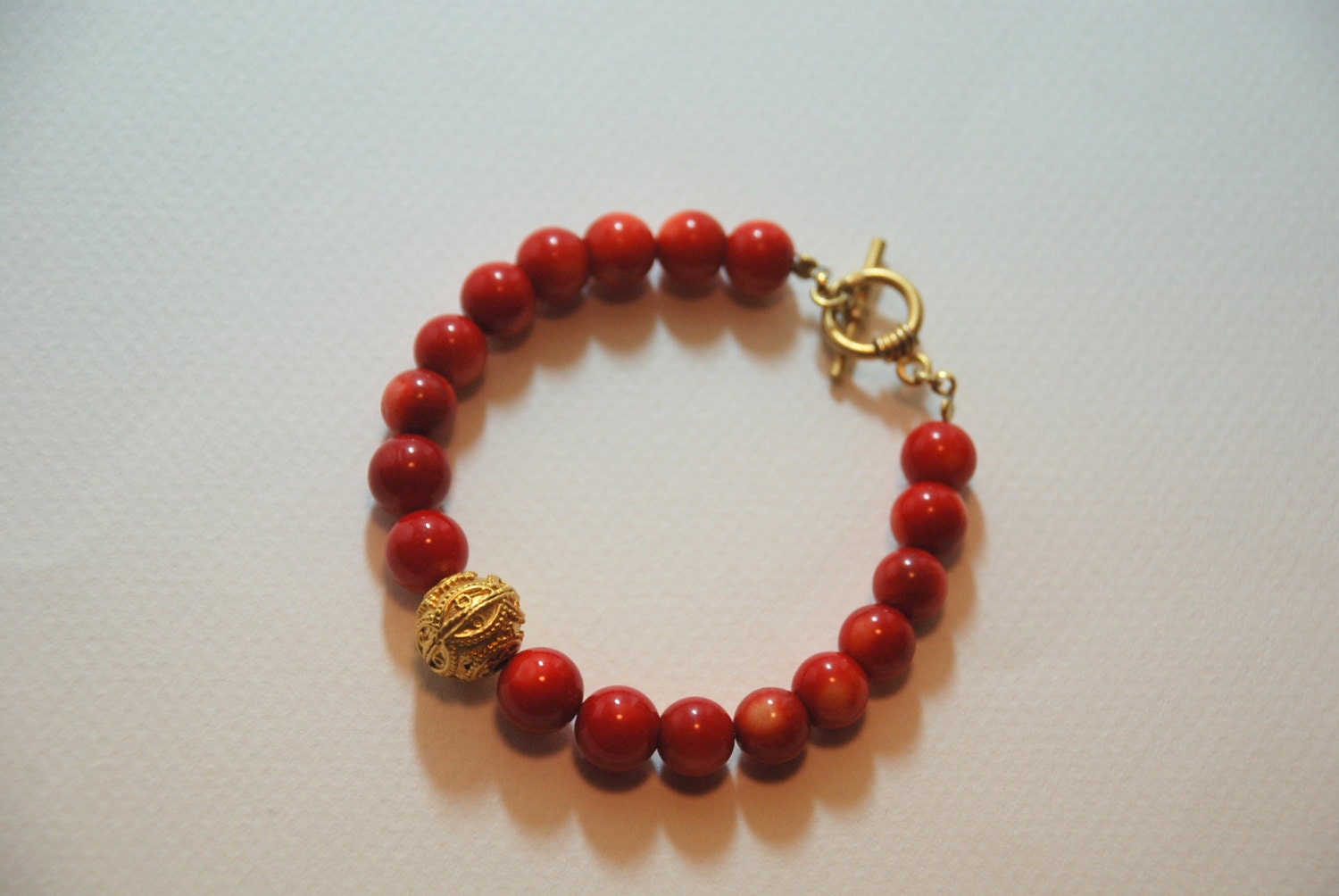Red Coral Gemstone Gold Plated  Sterling Silver Round , Lock and Balls, Bracelet