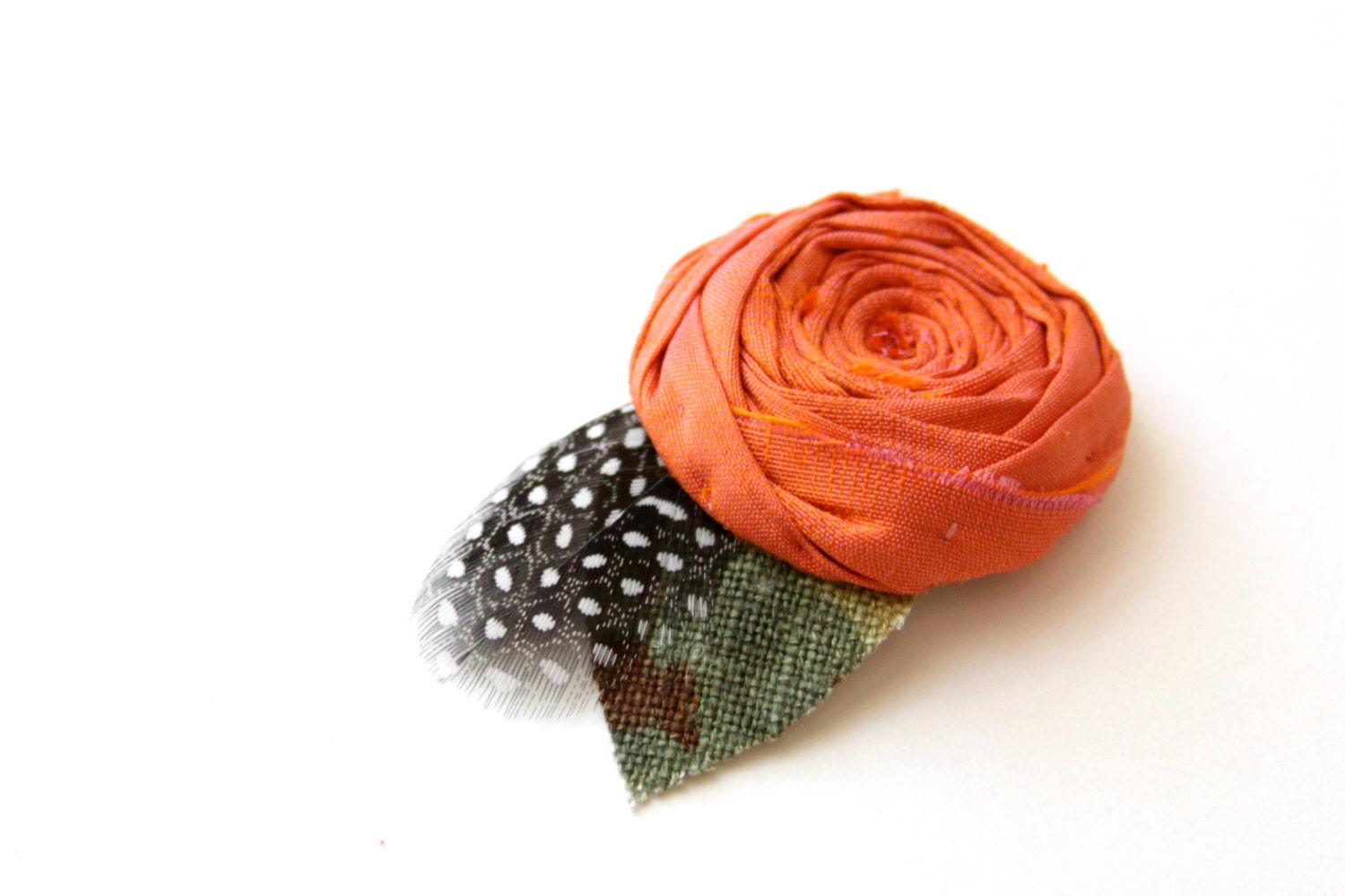 Romantic Orange Rosette Hair Clip Leaf and Feather Handmade Hand sewn rosette couture hair clip