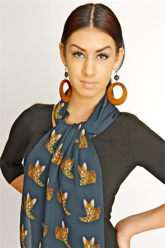 Savannah Cat Chiffon Scarf Sheer Elegance "Cat Bust"