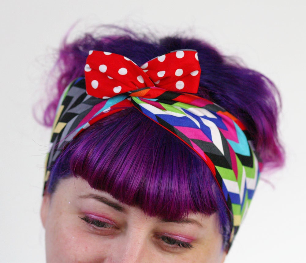 Rockabilly Reversible Wired Bow Headband, Bright Chevrons with Red and White Spots