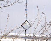 Beveled Glass and Bead Suncatcher - Light Blue and Clear Crystal Beads