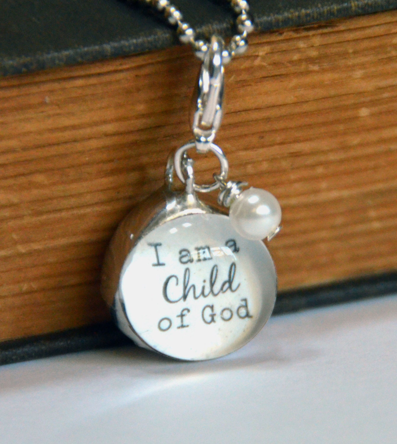 3/4 Inch Marble Bubble Glass Soldered Charm Pendant with I am a Child of God and Lead me Guide me with 30" Ball Chain