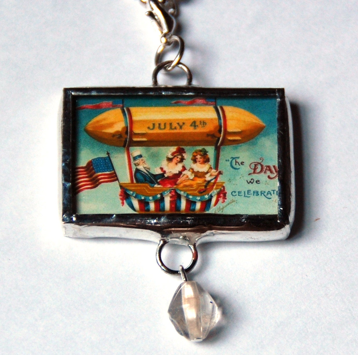 1.5 Inch X 1 Inch Soldered Charm Pendant Vintage Fourth of July Independence Day Image with 30 Inch Ball Chain