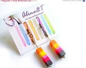 SUMMER SALE Stripe Geometric Dangle Earrings, Polymer Clay Earrings in Orange, Aqua, Brown, Tan - Eat Me NOT Collection
