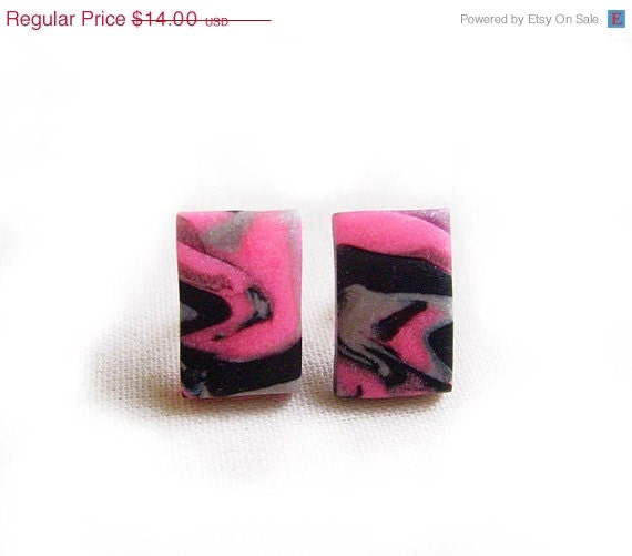 SUMMER SALE Neon Post Earrings, Polymer Clay Stud Earrings in Hot Pink and Black Swirls - Geometric Handmade Dangle Earrings - Eat Me NOT C