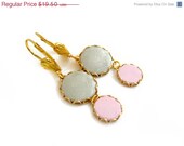 SUMMER SALE Pink Grey Dangle Earrings, Polymer Clay Cabochon Earrings - Color Dot Collection - Handmade Polymer Clay Statement Earrings