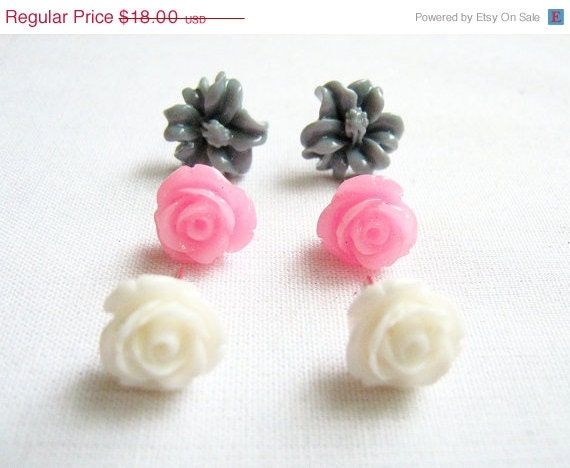 SUMMER SALE Flower Post Earrings - Blushing Pastels -Set of Three Pairs, Pink, Grey, White  Rose stud earrings