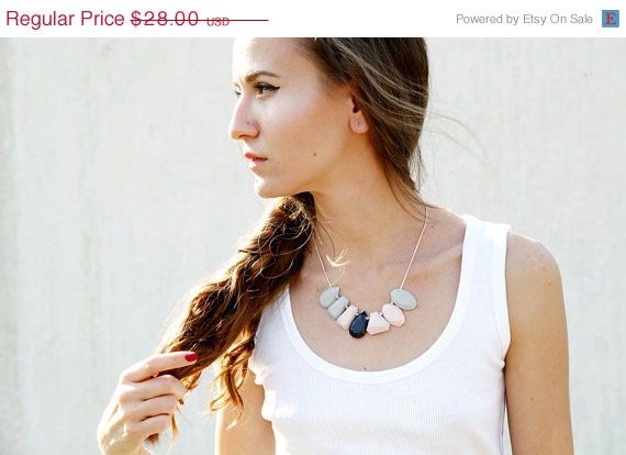SUMMER SALE Pastel Polymer Clay Necklace, Geometric Candy Necklace in Pink Grey Black, Gem Candy Collection