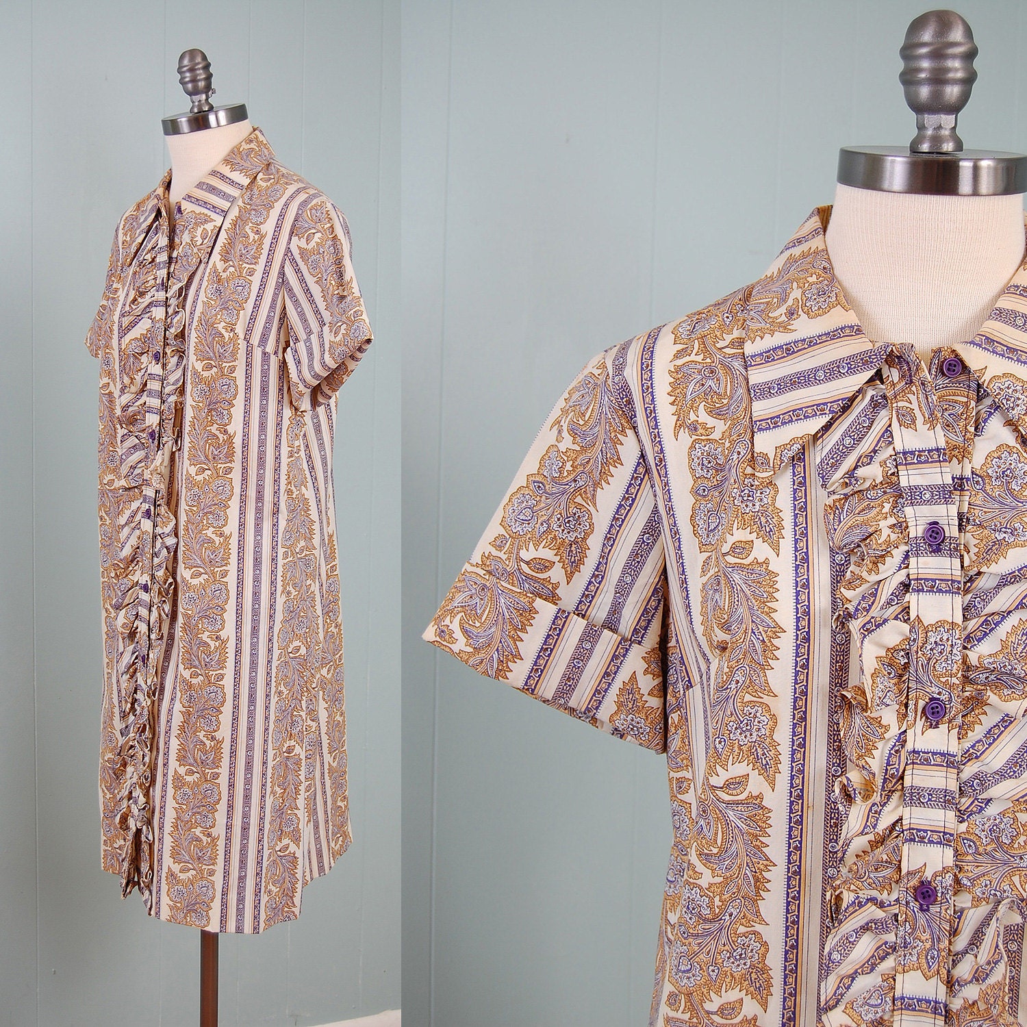 Vintage 60s paisley floral TUXEDO RUFFLE dress / twiggy secretary shirt waist mini