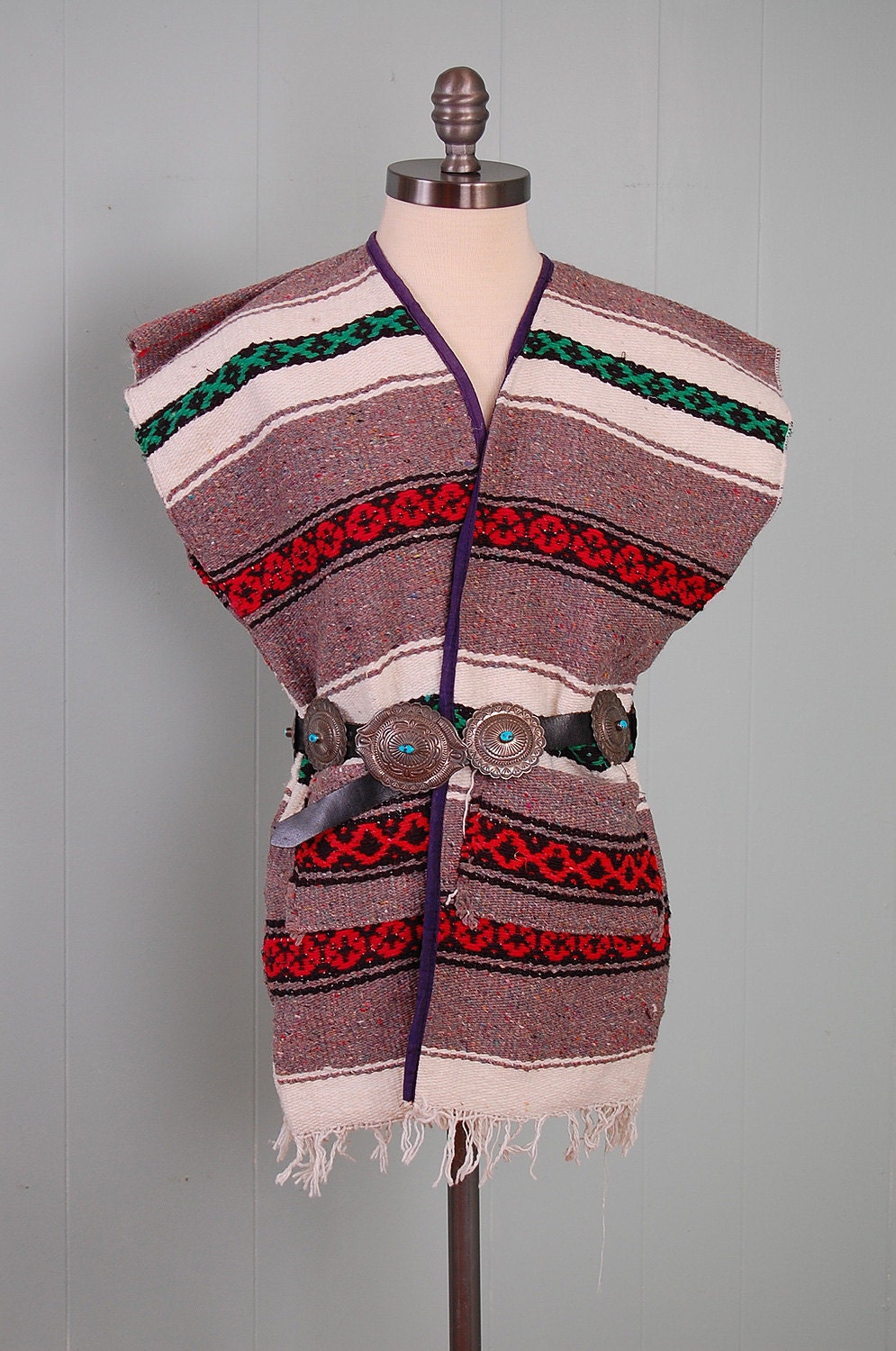 Vintage MEXICAN blanket vest / Woven Baja beach poncho