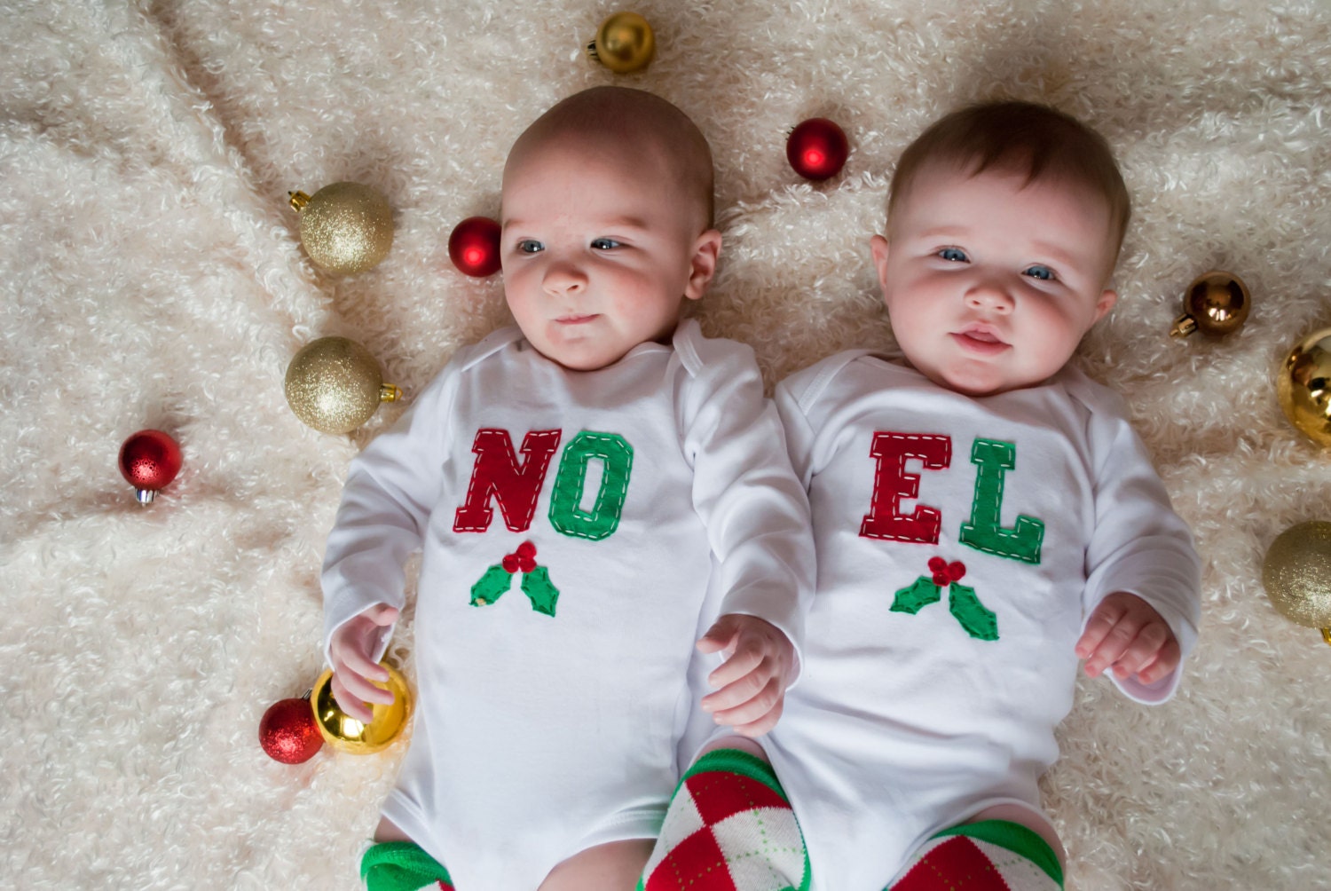 Holiday NO-EL Christmas Twinzees (onesies for twins or siblings), great Christmas gift for TWINS