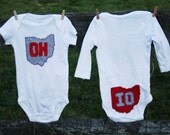 Ohio Onesie with OH front, IO back (on tush), handsewn and made from recycled t-shirts
