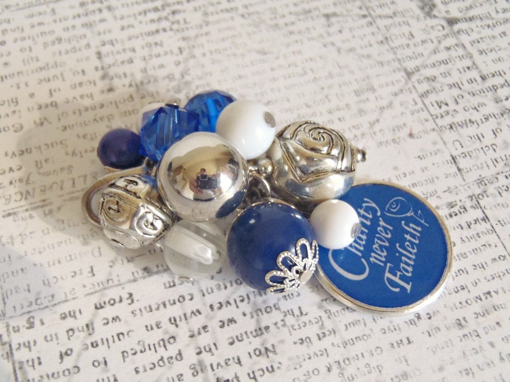 LDS Relief Society Royal Blue and White Cluster Charm or Keychain Charity Never Faileth