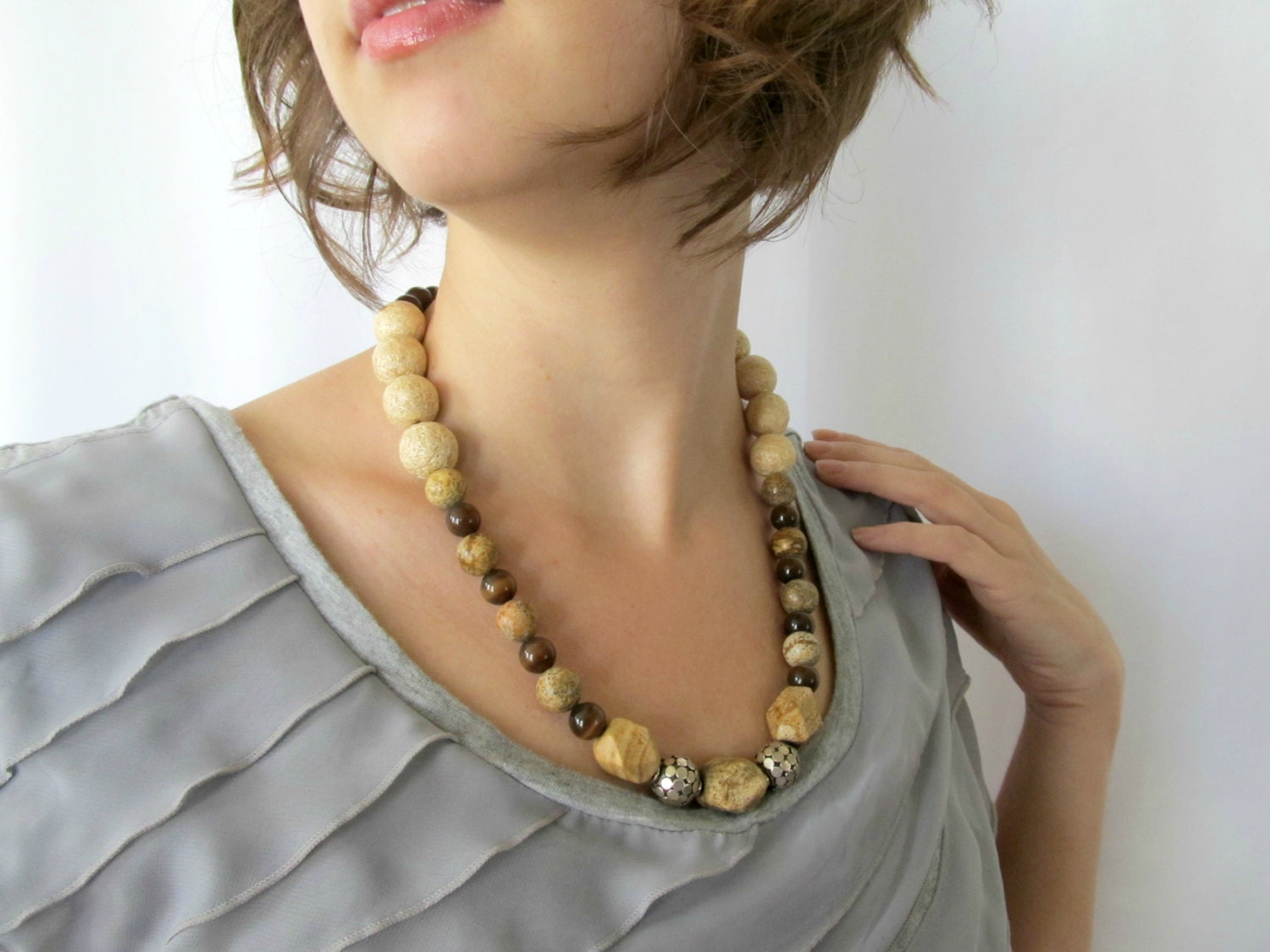 Jasper Stone beaded necklace, tigers eye and Bali silver with recycled cork beads, organic, earthy handmade jewelry