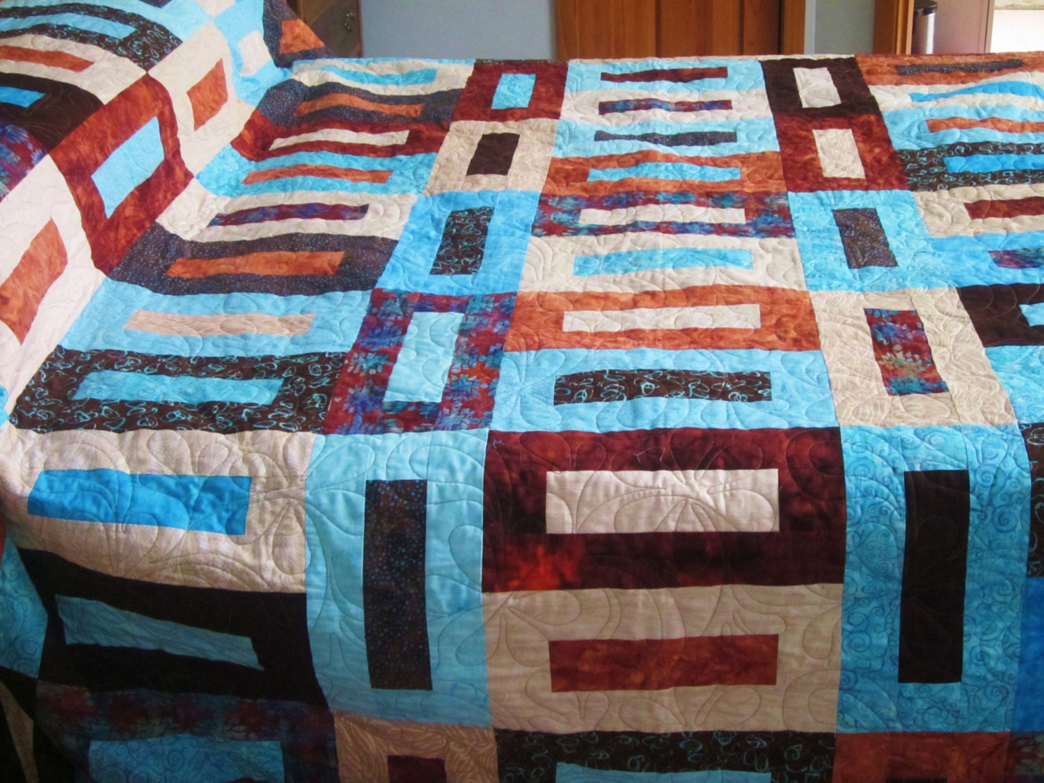 King or Queen Size Bed Quilt in Brown, Tan, Rust and Aqua Mosaic Tiles Pattern