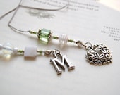 Letter M Initial Beaded Bookmark - Book Thong in Lime Green Glass Cube with Silver and Pearl Accents and Heart Charm