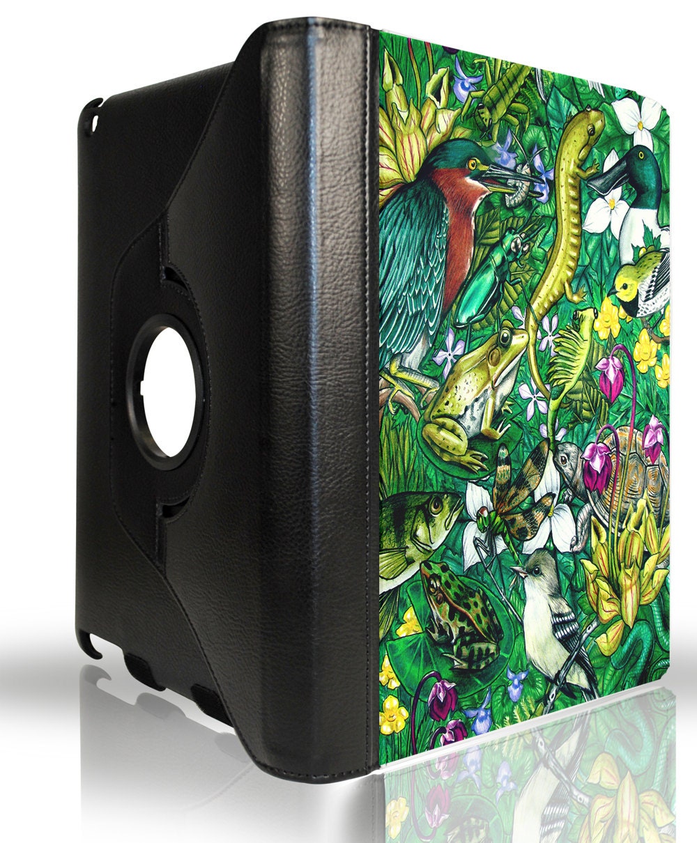 iPad Case - Swivel Premium - Black Leatherette  - Eco system, Green, Birds, Insects, Reptiles