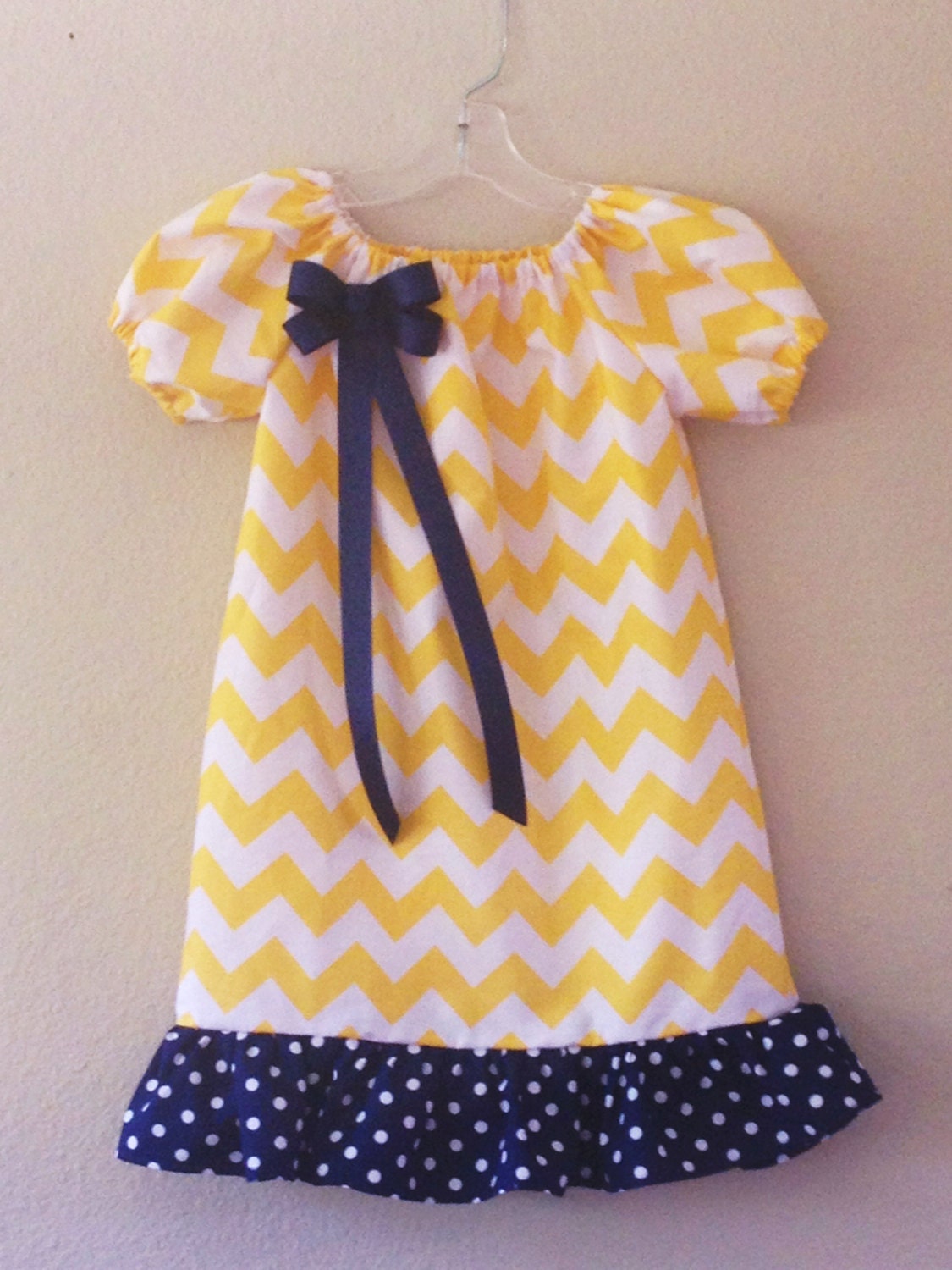 Yellow and Navy Dot Chevron Peasant Dress
