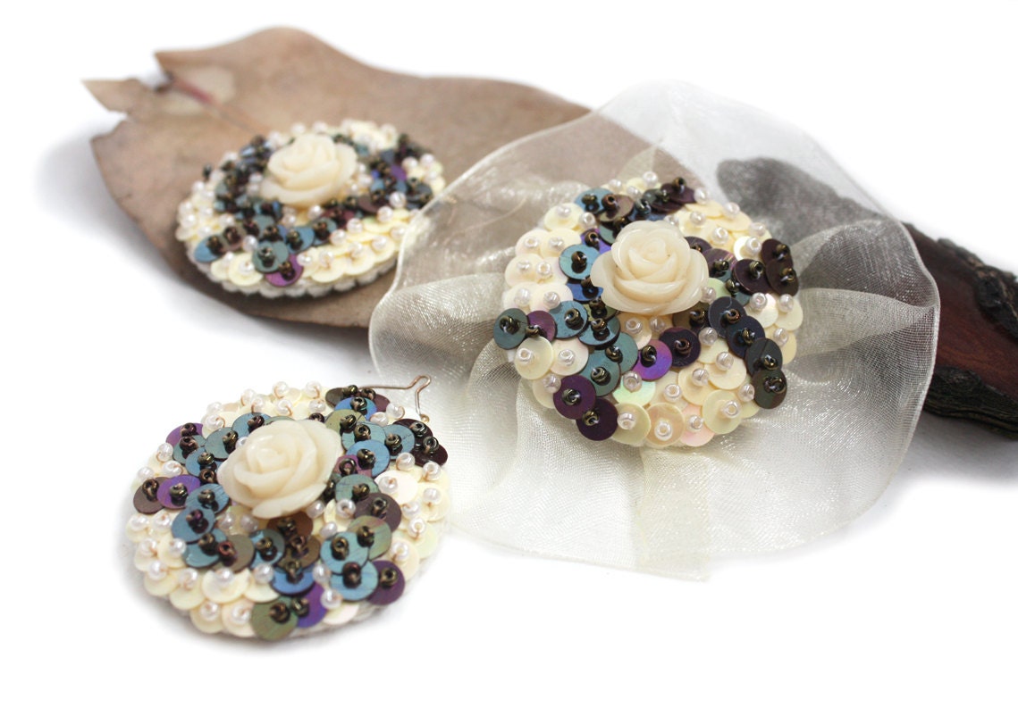 Earrings and Brooch Creme Roses Chocolate Sequin felt floral