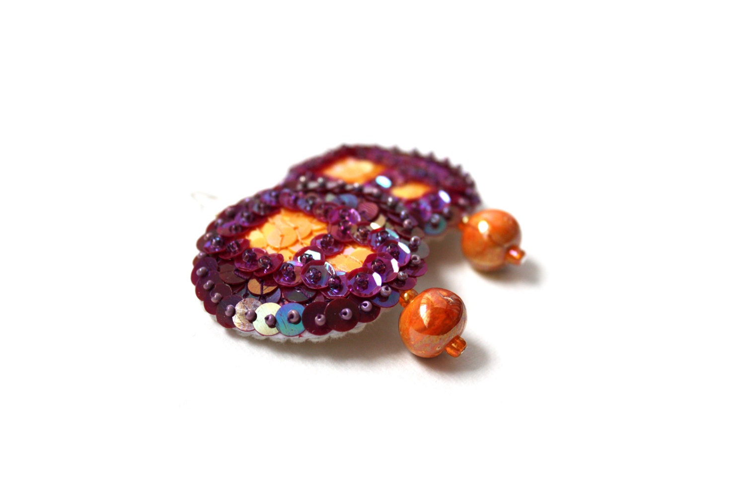 Burgundy Earrings Orange Sequins Embroidered felt