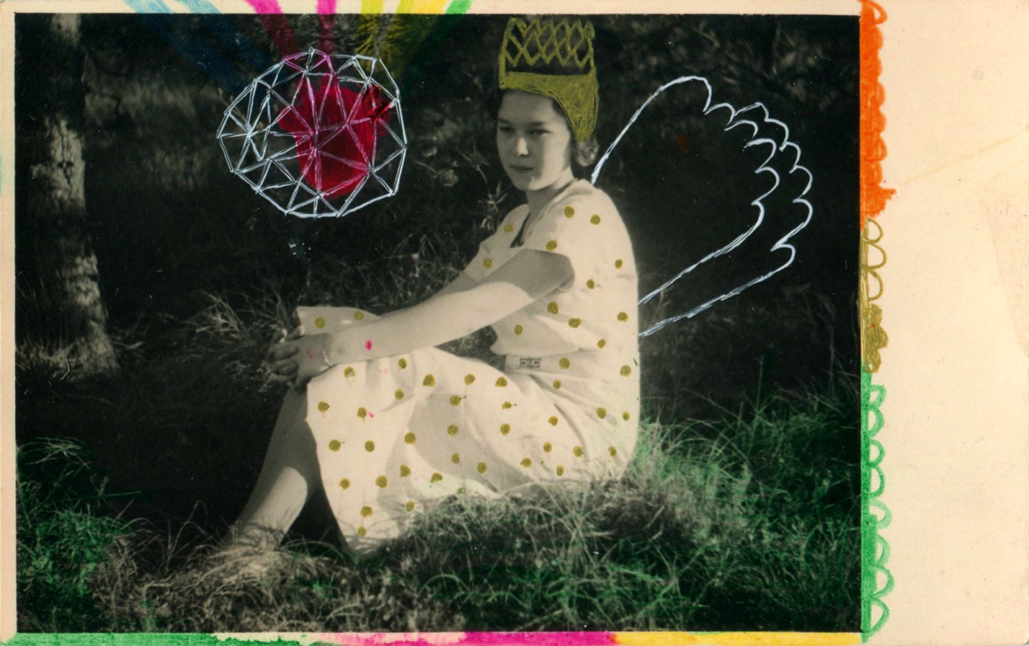 Photography with a Drawing / Spooky Art / Weird Wall Art - Woman with Wings - Thinking of You