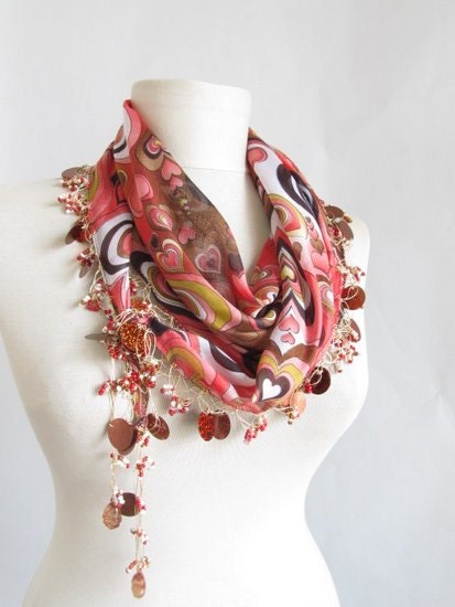 Hearts scarf- hearts scarves Turkish Yemeni OYA Scarf cotton scarf loop scarf crochet scarf turkish scarf