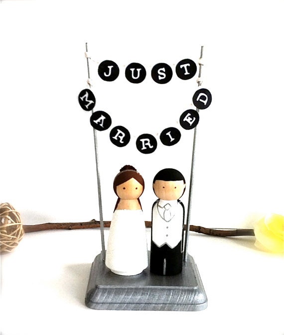 Just married Bunting Sign WEDDING CAKE TOPPER  with Wood Stand Custom Bride and Groom Cake Toppers Wedding Cake Toppers Just Married Banner