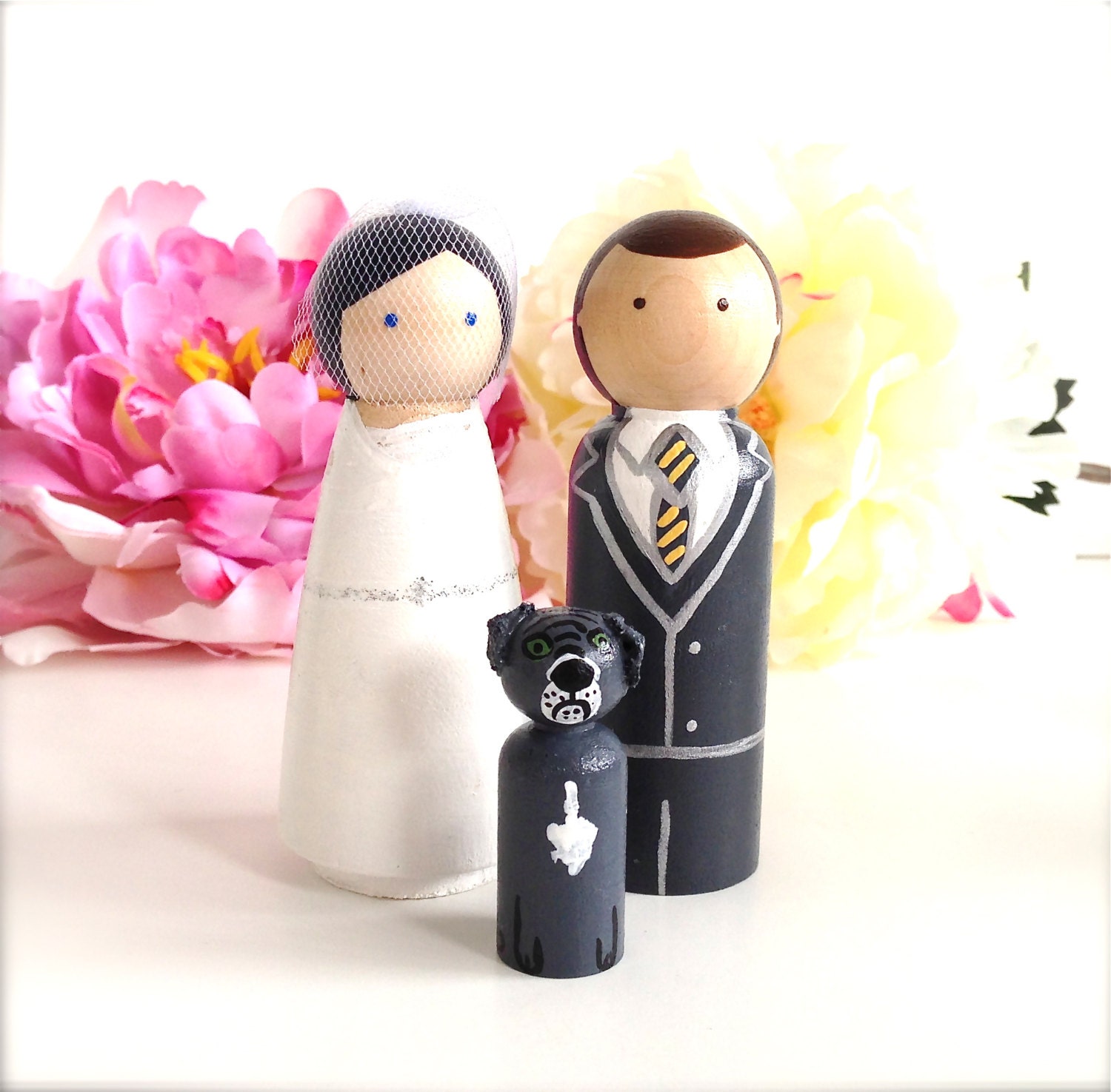 Bride Groom and Pet Wedding Cake Toppers Custom Cat Dog Wood Peg Dolls Anniversary Personalized Keepsake Whimsical Cute Figurines