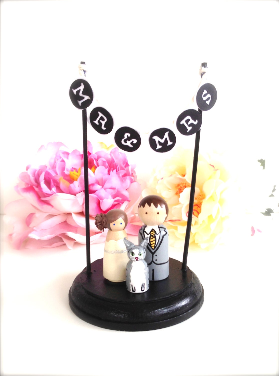 Custom Handcrafted Wedding Cake Topper and Pet with Mr and Mrs Bunting Banner Stand Wooden Peg Doll Wedding Cake Toppers