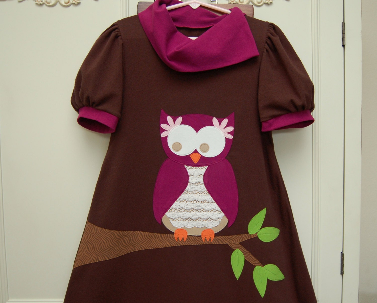 Size 8 Girls Dress, Owl on branch applique, Ready to Ship, OOAK, chocolate brown, magenta, lime green, pink, lace, cotton lycra jersey knit