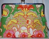 Yellow, Green and Pink Floral Print Clutch Crossbody Handbag with Colorful Chevron Lining