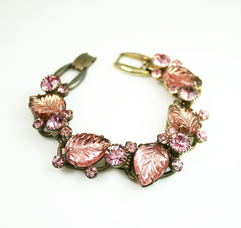 Vintage Juliana Five Link Bracelet Pink Pressed Glass Rhinestone Jewelry