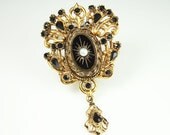 Vintage Sphinx Brooch Victorian Revival Black Glass Pearl Gold Tone Mourning Jewelry