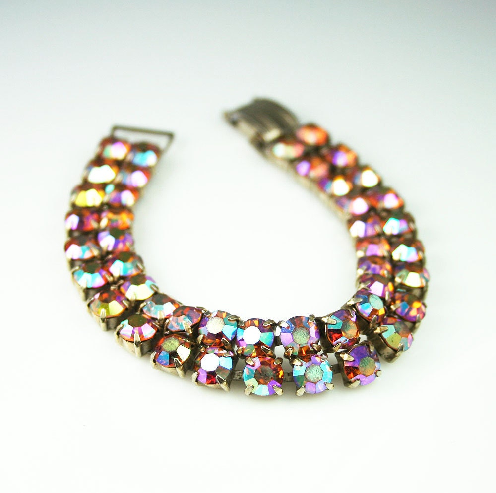 Vintage Hot Pink Aurora Borealis Rhinestone Two Row Bracelet