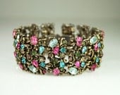Vintage Hollycraft Fruit Salad Pastel Rhinestone Wide Chunky Bracelet