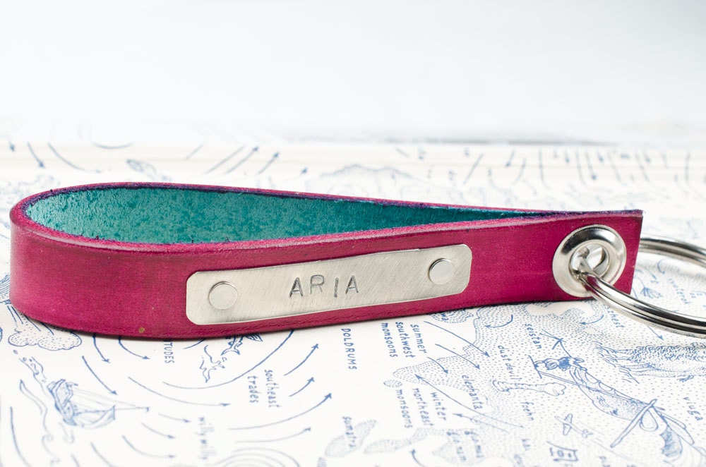Custom Name Skinny Leather Key Chain - in Nickel on Pink Leather