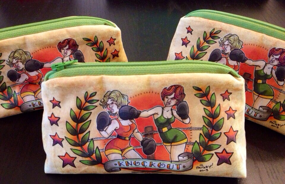 Knockout Girl Fight Boxing Pinup Pouch - Cosmetic Makeup Pencil Bag
