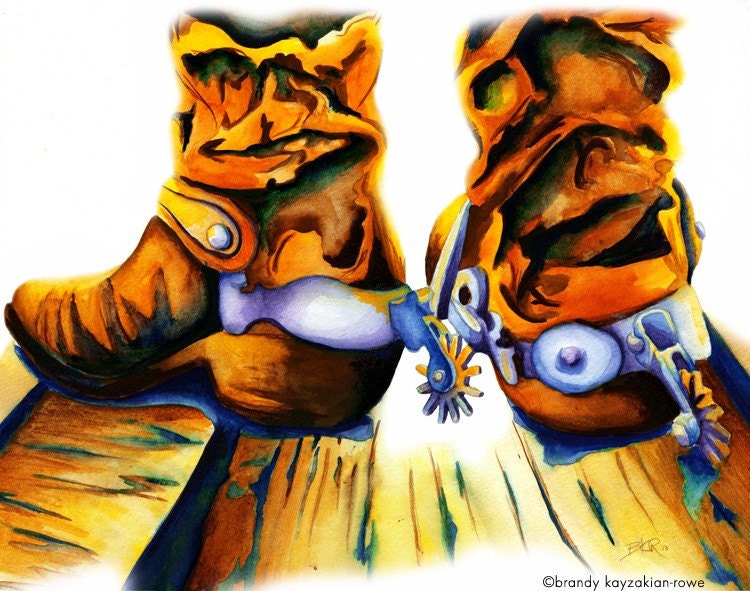 Cowboy boots - art print - Spurs at High Noon - Archival Watercolor Painting - Cowgirl Boots, Southwest, Western, desert