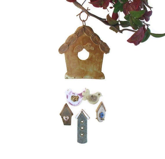 Hanging Mobile Clay Birdhouses and Birds - Two Sided - Unique and Colorful - Six Pieces
