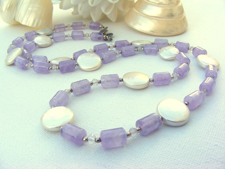 Lilac Cape Amethyst Necklace, Freshwater Coin Pearl, Rose Quartz, Sterling Silver Necklace, Drops of Lavender
