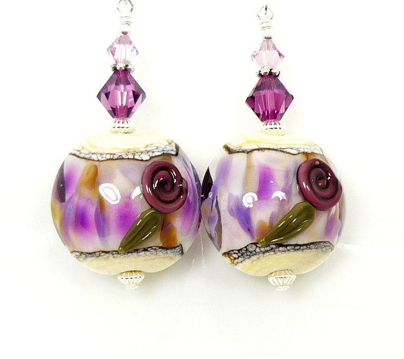 Purple Earrings, Floral Earrings, Lampwork Earrings, Glass Earrings, Glass Bead Earrings, Beadwork Earrings