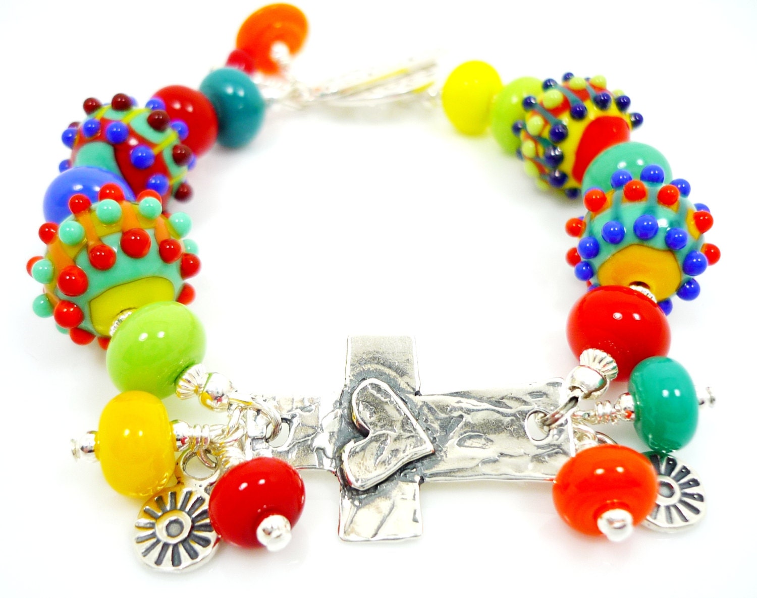 Sideways Cross Bracelet, Southwestern Bracelet, Lampwork Bracelet, Glass Bracelet, Beaded Bracelet, Beadwork Bracelet, Southwest Jewelry