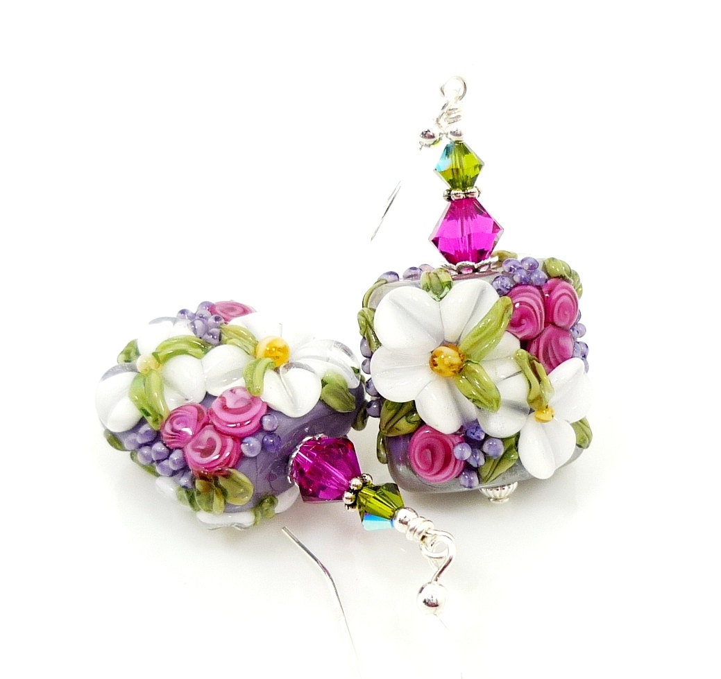 Floral Earrings, Lampwork Earrings, Pink Purple Green Earrings, Glass Earrings, Glass Bead Earrings, Beadwork Earrings