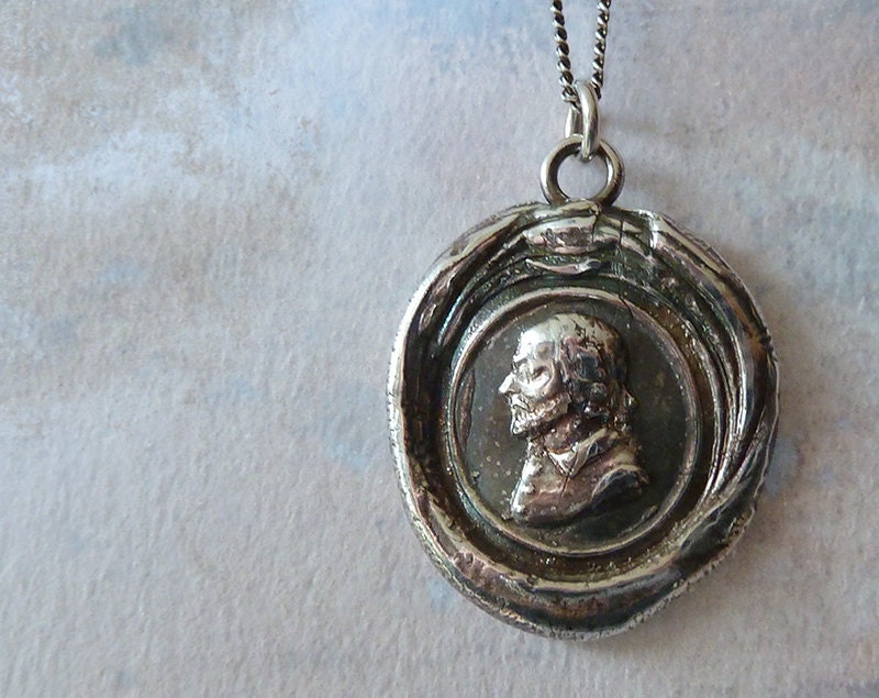 William Shakespeare Wax Seal Necklace. Victorian Style Wax Seal Jewelry in Fine Silver. Large Pendant