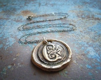 Wax Seal Initial Monogram Letter Necklace. Antiqued Bronze Pendant. Oxidized Sterling Silver Chain.