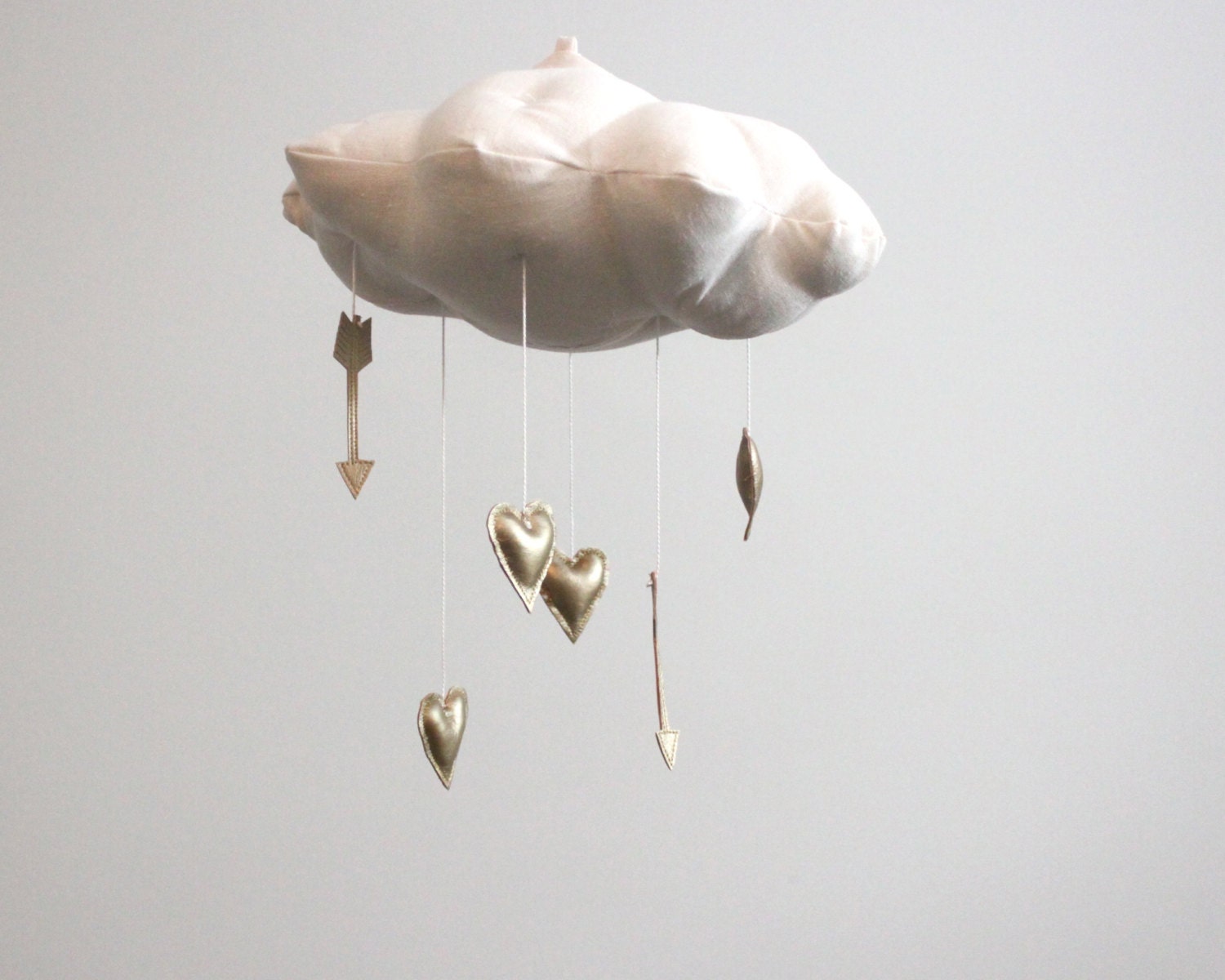 Cupid's Cloud - Gold Hearts and Arrows Mobile- modern fabric sculpture for baby nursery decor in white linen and metallic faux gold leather