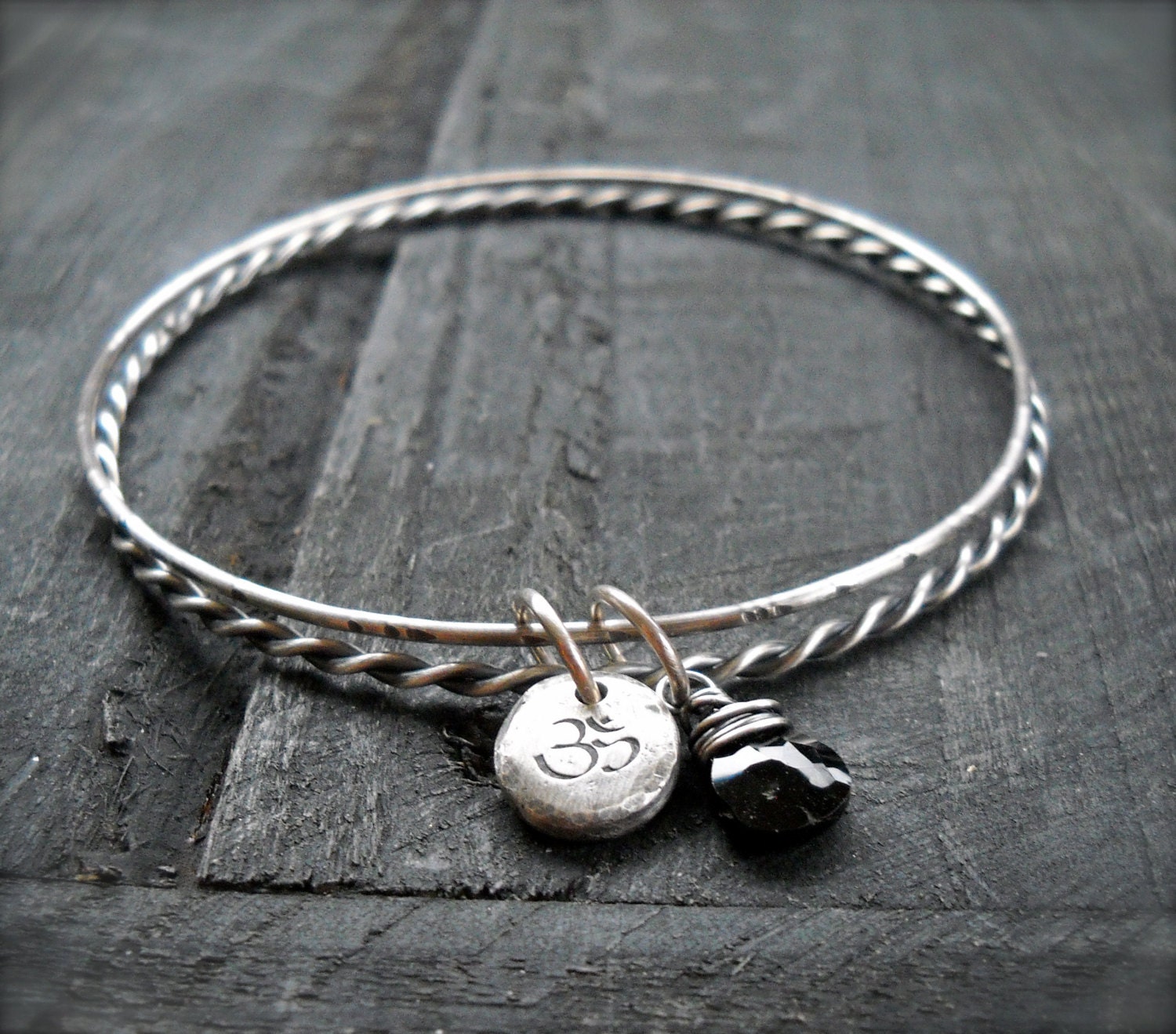 Rustic Sterling Silver Om Bangle Set