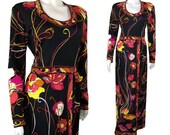 Vintage 1970s Maurice Psychedelic Abstract  Floral Print Maxi Dress Size 14