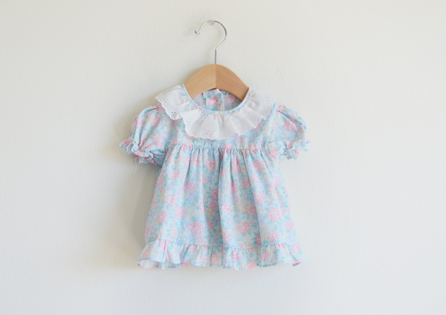 Vintage sky blue floral baby girl's blouse top.
